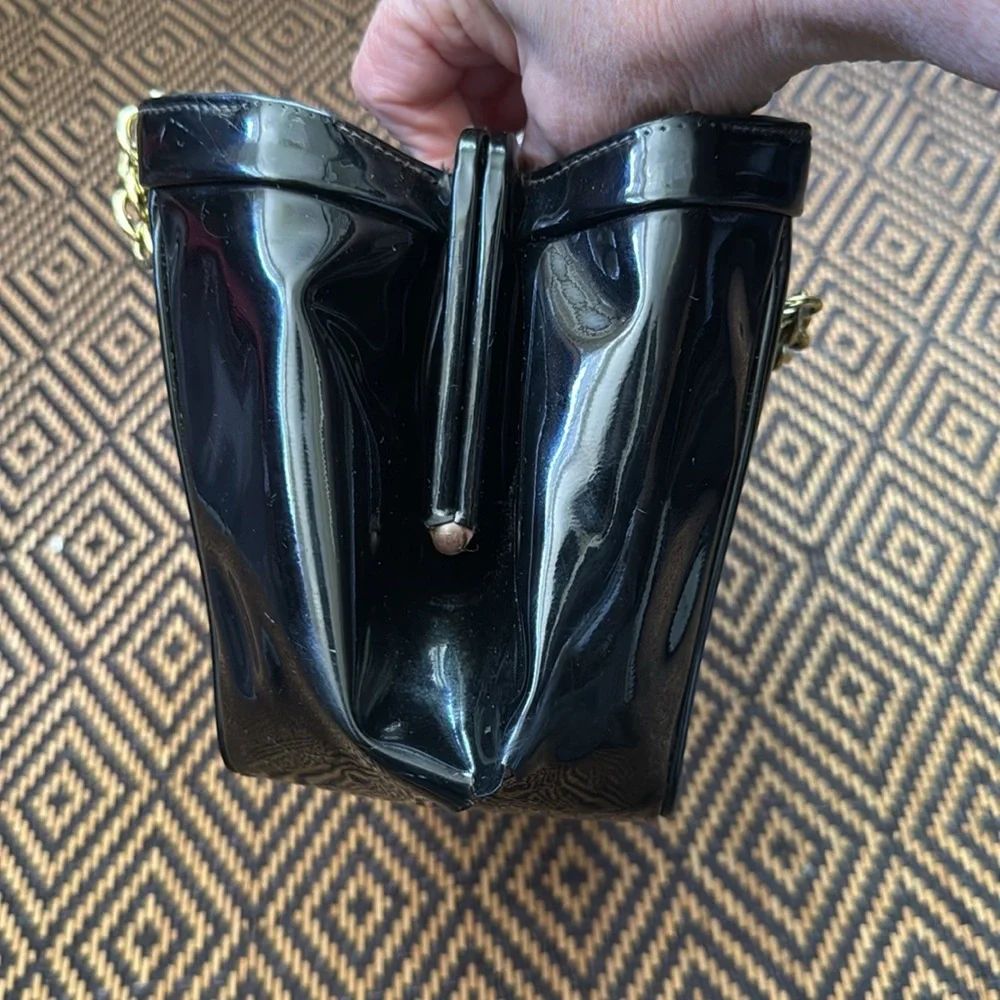 Vintage MEYERS Black Patent Leather Handbag with gold chain handles & clasp